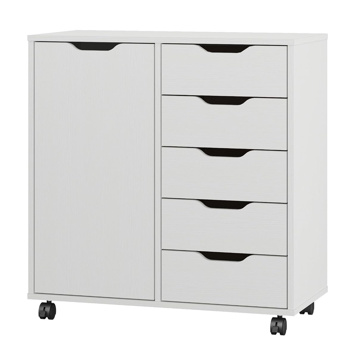 5-Drawer Chest with 1 Door, Wooden Chest of Drawers Storage Dresser Cabinet with Wheels, Office Organization and Storage, Bedroom Furniture (White-S)