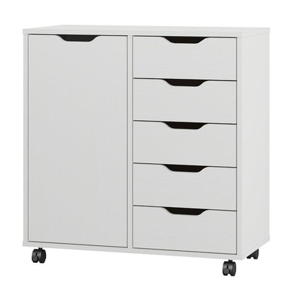 5-Drawer Chest with 1 Door, Wooden Chest of Drawers Storage Dresser Cabinet with Wheels, Office Organization and Storage, Bedroom Furniture (White-S)