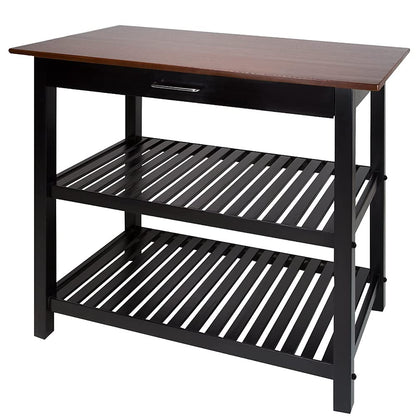 3 Tier Rolling Kitchen cart Kitchen Island with Solid American Hardwood top cart with Storage Drawer Shelves 40’inch Width Wood top 3-Tier Kitchen prep Island with Drawer