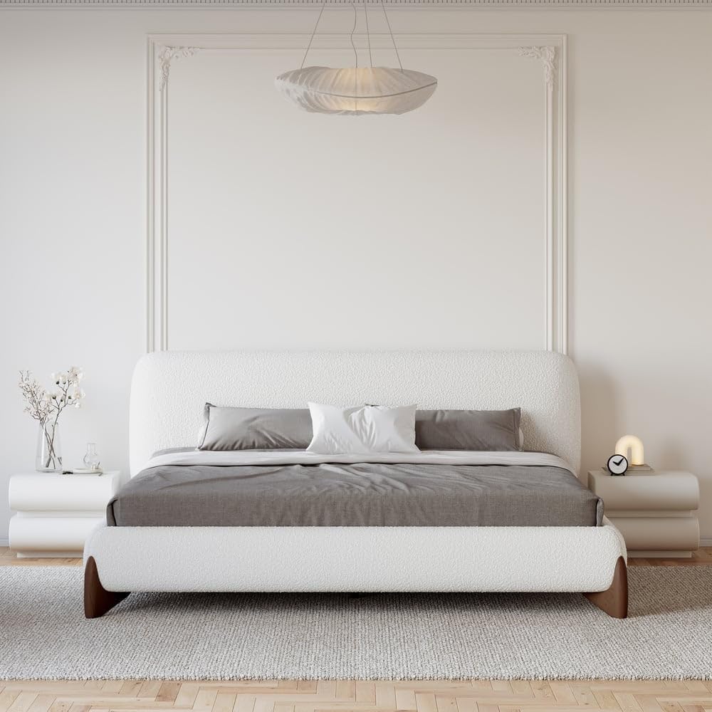 3-Pieces Bedroom Sets King Size Upholstered Bed Frame with 2 Smart Nightstands – Bouclé Platform Bed with Upholstered Headboard, Leather Nightstands with Wireless Charging, USB