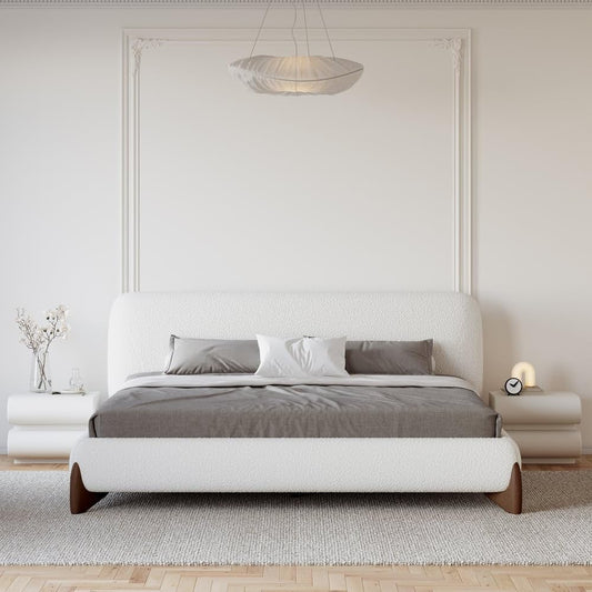 3-Pieces Bedroom Sets King Size Upholstered Bed Frame with 2 Smart Nightstands – Bouclé Platform Bed with Upholstered Headboard, Leather Nightstands with Wireless Charging, USB