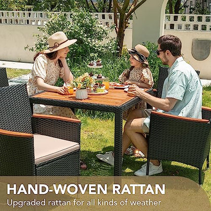 5 PCS Furniture, Patio Conversation Set with Acacia Wood Top, Rattan Outdoor Dining Table and Chairs for Backyard, Garden, Deck, Black