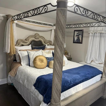 Vintage Four Poster Bed with Spiral-Carved Posts and Metal Scrollwork in Weathered Gray, view 5