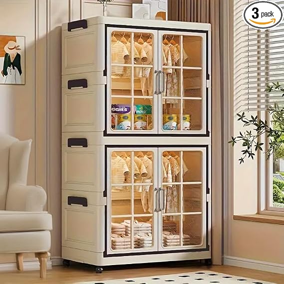 Stackable Plastic Storage Cabinet with Transparent Windows, Collapsible Closet Organizer with Wheels (1+1 Plus)
