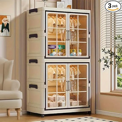 Stackable Plastic Storage Cabinet with Transparent Windows, Collapsible Closet Organizer with Wheels (1+1 Plus)