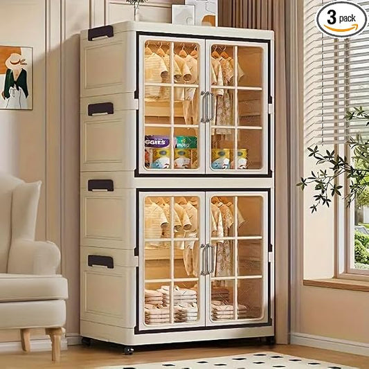 Stackable Plastic Storage Cabinet with Transparent Windows, Collapsible Closet Organizer with Wheels (1+1 Plus)