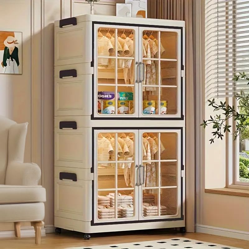 Stackable Plastic Storage Cabinet with Transparent Windows, Collapsible Closet Organizer with Wheels (1+1 Plus)