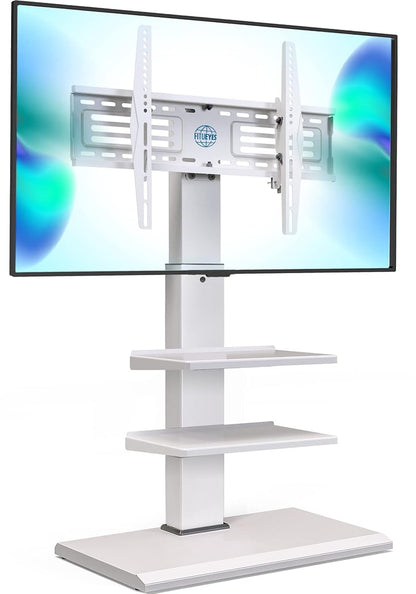 Iron Base Universal Floor TV Stand with Swivel Tilt, TV Mount Stand for 32-75 Inch Screens, Corner TV Stand with Height Adjustable Entertainment Shelves (White)