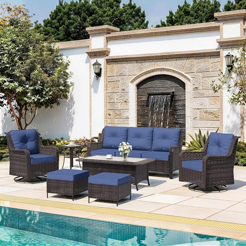 7-Piece Patio Furniture Set, Outdoor Thick Wicker Sectional Sofas with 2 Swivel Chairs, High Back Sectional Sofa Couch, Outdoor Conversation Set for Backyard, Porch, Deck, Dark Blue