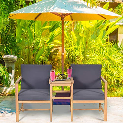 3 in 1 Acacia Wood Loveseat with Separable Coffee Table, 3-Piece Wooden Chairs Set with Cushions, 2-Seater Outdoor Furniture Set for Garden Backyard Balcony Patio Poolside (Natural Teak)