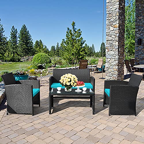 4 Pieces Patio Wicker Conversation Furniture Set, Patiojoy Sofa & Table Set w/4 Seats, Outdoor Rattan Sofa Set for Balcony Backyard, Wicker Chair Set with Tempered Glass Coffee Table