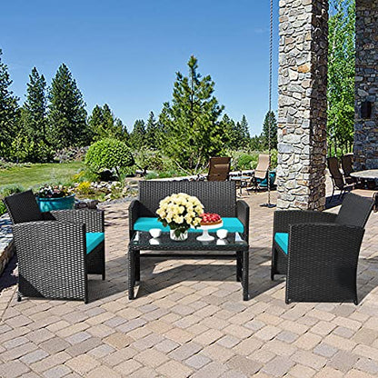 4 Pieces Patio Wicker Conversation Furniture Set, Patiojoy Sofa & Table Set w/4 Seats, Outdoor Rattan Sofa Set for Balcony Backyard, Wicker Chair Set with Tempered Glass Coffee Table
