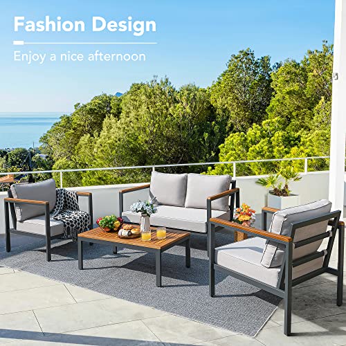 4 Pieces Patio Furniture Sets Outdoor Conversation Set Acacia Wood Sofa Set with Coffee Table Thicker Sponge Cushion