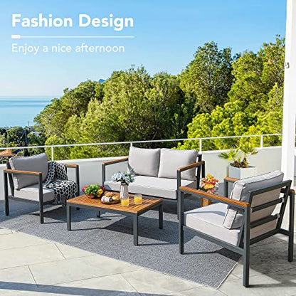 4 Pieces Patio Furniture Sets Outdoor Conversation Set Acacia Wood Sofa Set with Coffee Table Thicker Sponge Cushion