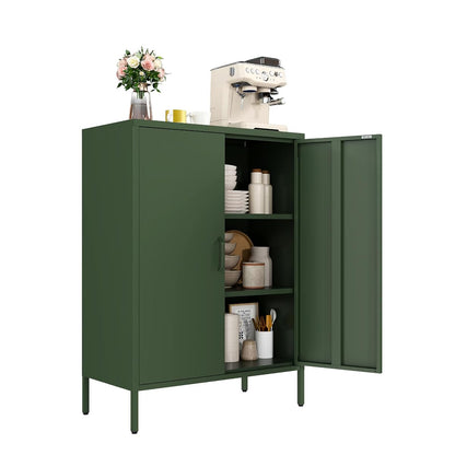 Metal Locker Cabinet, Green Storage Cabinets with 2 Doors and Adjustable Shelves, 3 Tier Modern Storage Freestanding Sideboard for Living Room,School,Office Home Kitchen and Coffee Bar