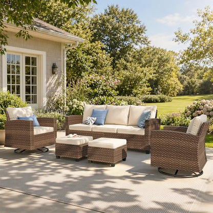 Swivel Glider Patio Furniture Set, 5 Pcs Wicker Rattan Outdoor Conversation Set, 2 x Swivel Chairs, 1 x 3 Seater Sofa and 2 x Ottoman with 4" Thick Cushion, Beige
