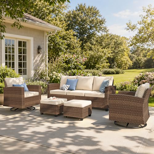 Swivel Glider Patio Furniture Set, 5 Pcs Wicker Rattan Outdoor Conversation Set, 2 x Swivel Chairs, 1 x 3 Seater Sofa and 2 x Ottoman with 4" Thick Cushion, Beige