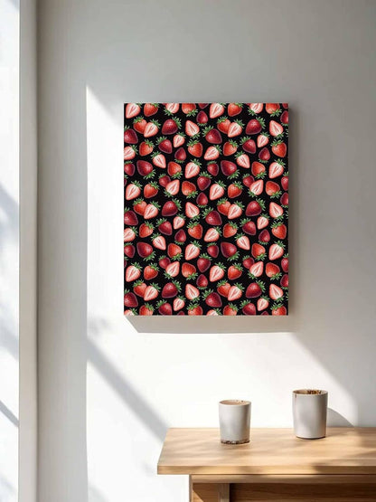 NuYeBiofx Summer Strawberry on Black Canvas Wall Art Prints,48"x32" Framed Picture Artwork Farmhouse Fruit Seamless Printed Canvas Oil Painting for Living Room Bedroom Office,Ready to Hang
