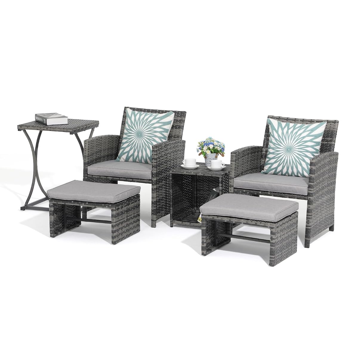 6 Piece Patio Furniture Conversation Set with Ottoman, Outdoor Grey Wicker Chair and Table Set, Balcony Furniture for Apartments, Light Grey