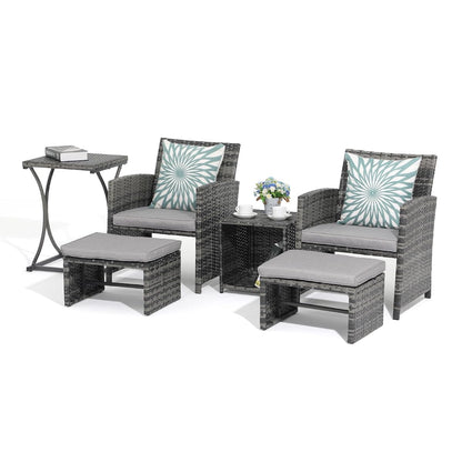 6 Piece Patio Furniture Conversation Set with Ottoman, Outdoor Grey Wicker Chair and Table Set, Balcony Furniture for Apartments, Light Grey