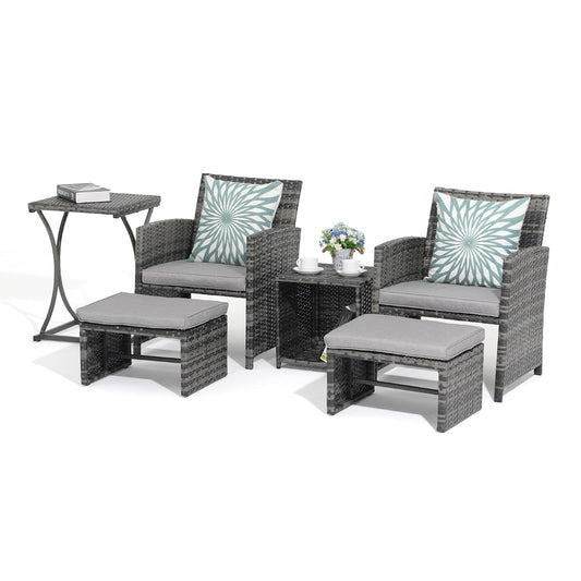 6 Piece Patio Furniture Conversation Set with Ottoman, Outdoor Grey Wicker Chair and Table Set, Balcony Furniture for Apartments, Light Grey