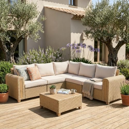 6-Piece Patio Wicker Modular Sectional Set with Acacia Wood Accents, view 2