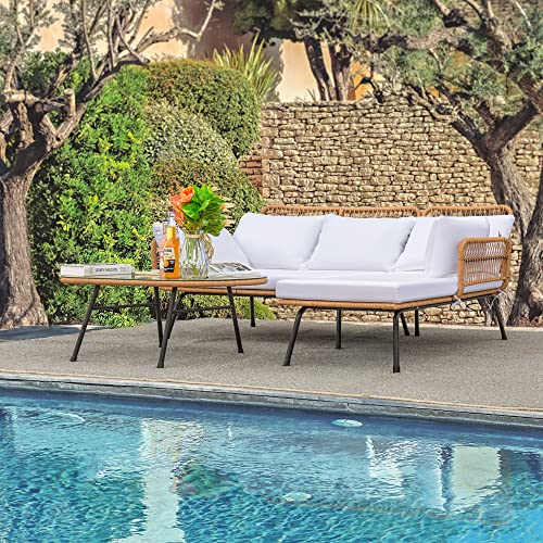 Outdoor Patio Furniture Set, Outdoor Sectional Conversation Rope Woven L-Shaped Sofa Set with Patio Table and Thick Cushions for Backyard Porch Balcony Garden, White