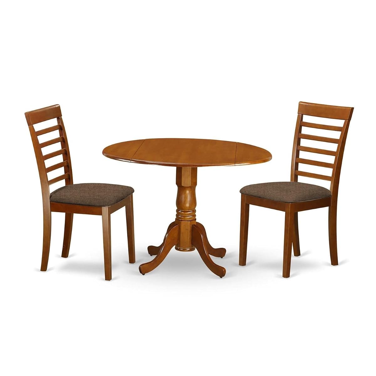 DLML3-SBR-C 3 Piece Dining Set Contains a Round Dining Room Table with Dropleaf and 2 Linen Fabric Upholstered Kitchen Chairs, 42x42 Inch, Saddle Brown