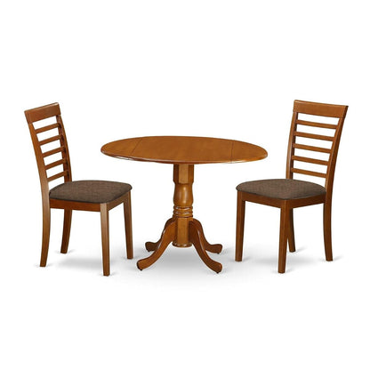 DLML3-SBR-C 3 Piece Dining Set Contains a Round Dining Room Table with Dropleaf and 2 Linen Fabric Upholstered Kitchen Chairs, 42x42 Inch, Saddle Brown