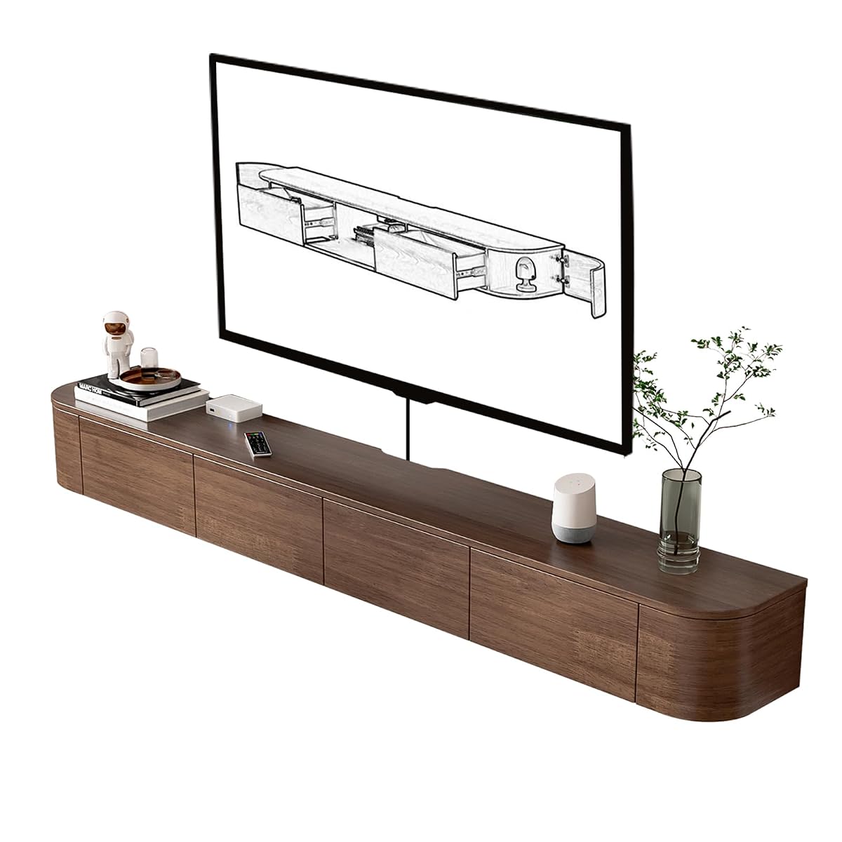 Solid Wood Floating TV Stand, Wall Mounted Media Console with 2 Side Doors