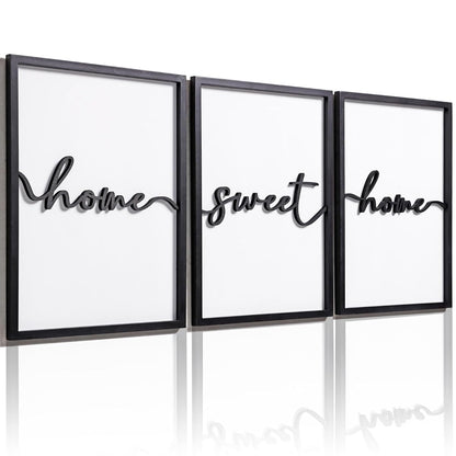 3D Wood Home Sweet Home Wall Art, Modern Home Sweet Home Sign for Large Living Room Wall Decor(Ready to Hang, Set of 3, 12x16 Inch, Framed)