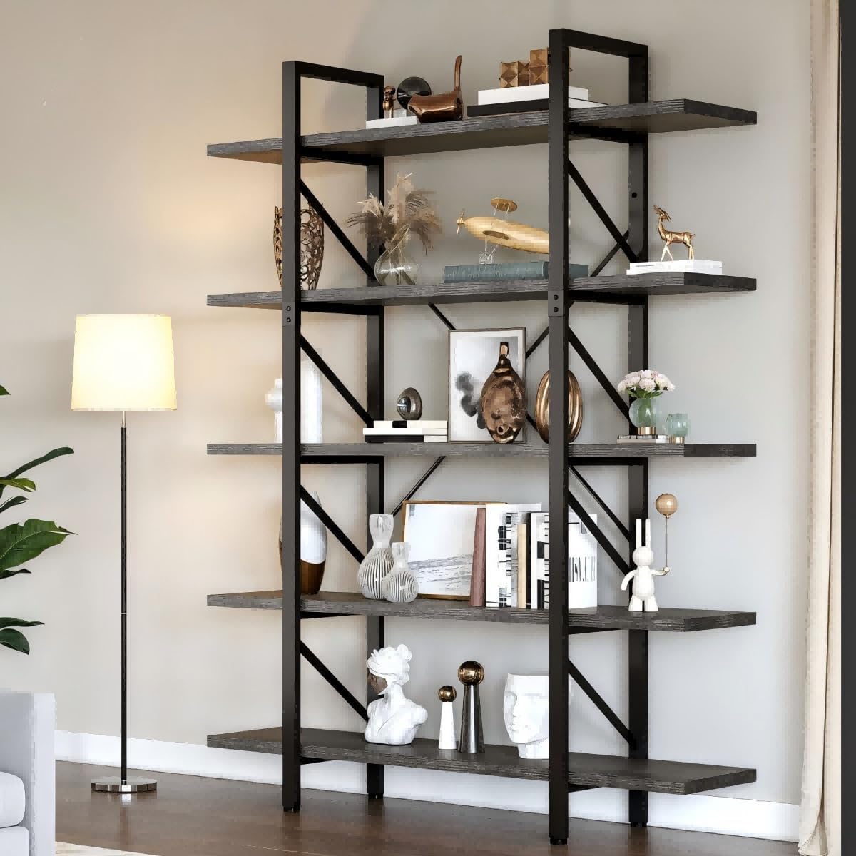 5-Tier Bookshelf, 70.9" Tall Bookshelves Vintage BookCases with 5 Shelves Display Storage Shelves for Home Office, Living Room, Charcoal Gray