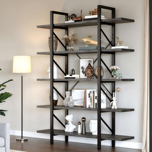 5-Tier Bookshelf, 70.9" Tall Bookshelves Vintage BookCases with 5 Shelves Display Storage Shelves for Home Office, Living Room, Charcoal Gray