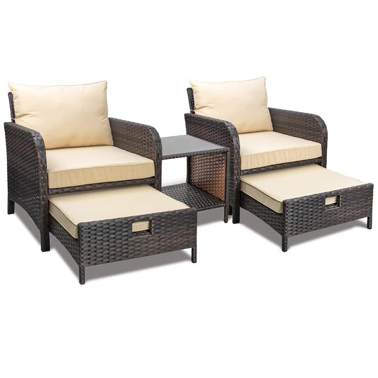Balcony Furniture 5 Piece Patio Conversation Set, PE Wicker Rattan Outdoor Lounge Chairs with Soft Cushions 2 Ottoman&Glass Table for Porch, Lawn-Brown Wicker