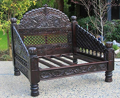 Wooden Carved Jhula Love Seat, Medium Antique Finish. Designed by Worldcraft. Handmade from Solid Indian Neem Wood in Rajasthan, India. (33Dx34Wx42 H)