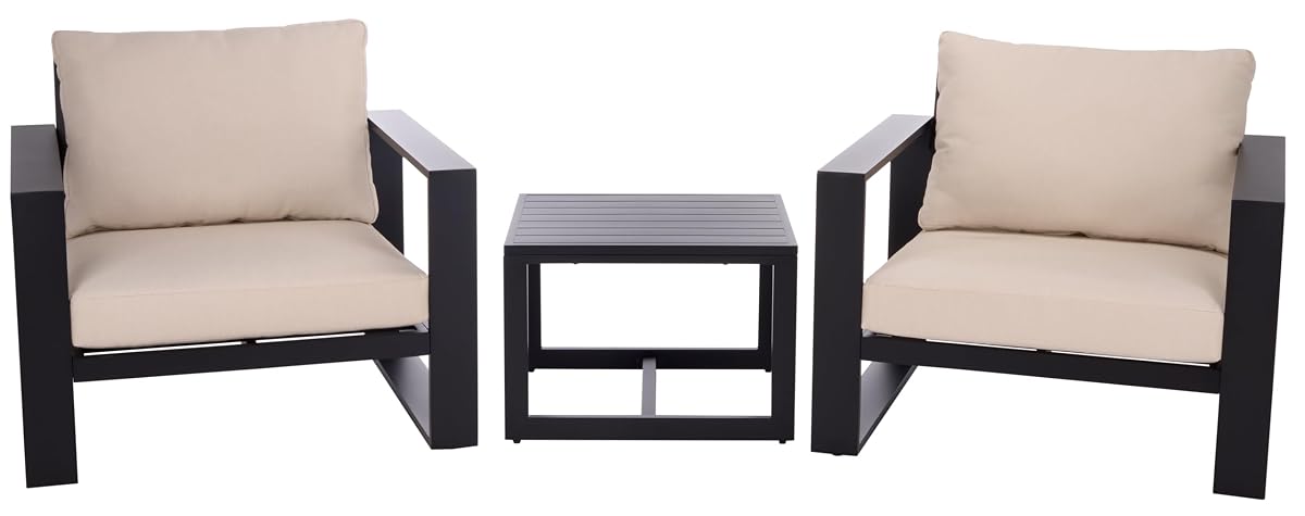 SAFAVIEH Outdoor Patio Furniture Collection – Fash Black & Taupe Cushion 3-Piece Living Set, Modern Outdoor Chairs & Slatted Square Table (PAT7552A)