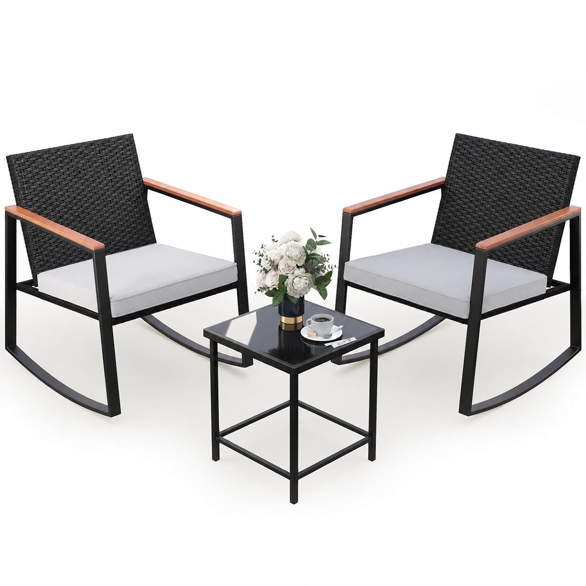 3 Pieces Rocking Patio Bistro Set with Anti-Scald Armrest