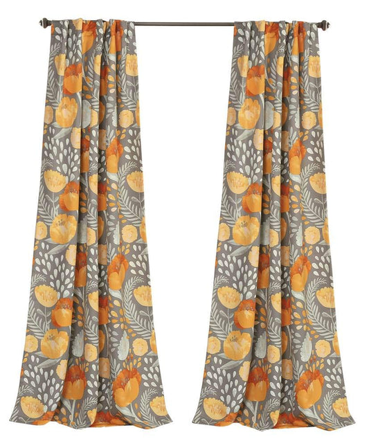 Yellow and gray poppy garden curtain panel pair