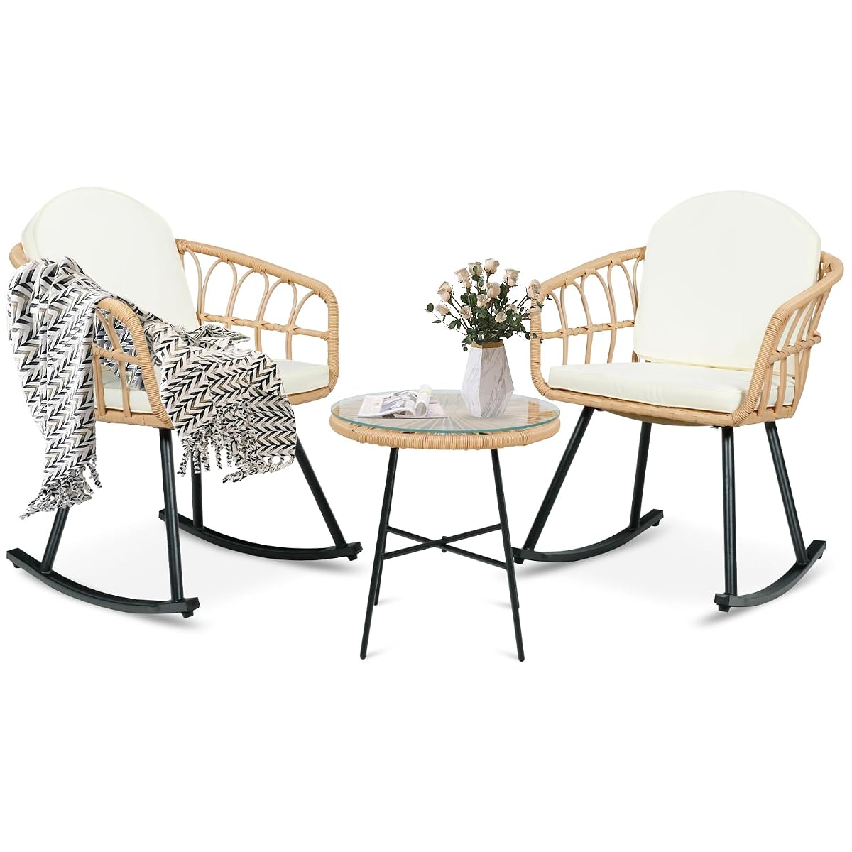 3 Pieces Rocking Chairs Set - Outdoor Wicker Rattan Rocking Chairs with Thickened Cushions, Boho Patio Furniture, Patio Conversation Bistro Sets, for Balcony Garden Porch Living Room