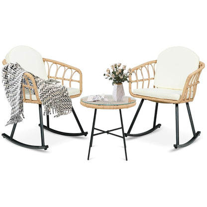 3 Pieces Rocking Chairs Set - Outdoor Wicker Rattan Rocking Chairs with Thickened Cushions, Boho Patio Furniture, Patio Conversation Bistro Sets, for Balcony Garden Porch Living Room