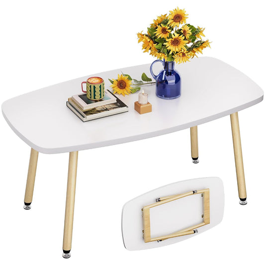 Folding Coffee Table 39.3'' White Coffee Tables for Living Room Portable Simple Modern Rectangular Center Table for Small Spaces, No Assembly, White