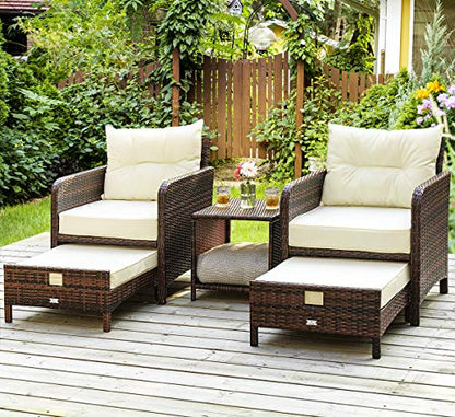 5 Pieces Patio Furniture Set, Rattan Balcony Furniture with Ottomans, PE Wicker Outdoor Patio Chairs Set with Coffee Table for Poolside, Porch, Lawn, Garden, Balcony(Beige)
