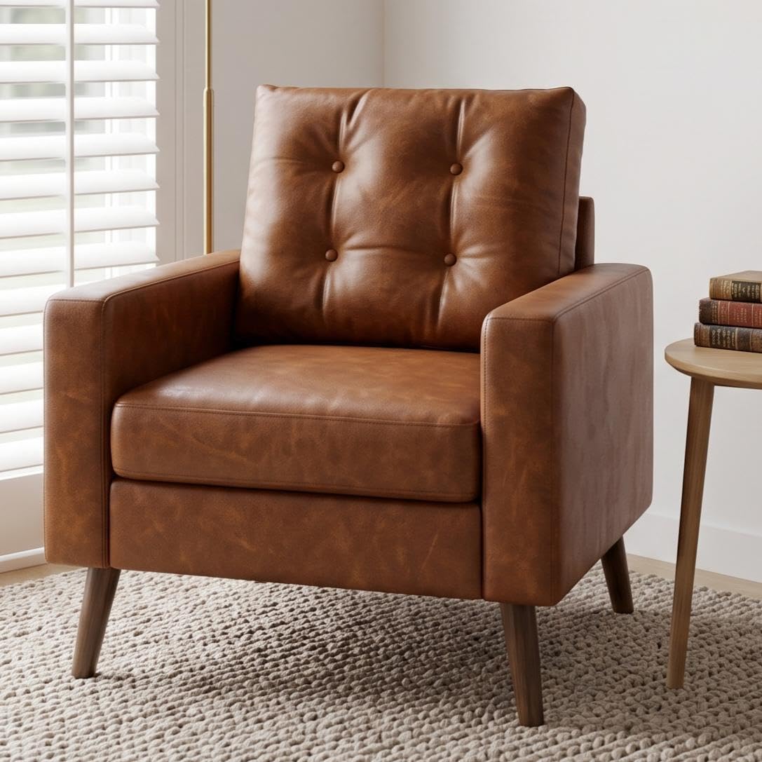 Mid Century Modern Armchair, Button Tufted Faux Leather Accent Chair with Armrests, Upholstered Club Chair for Living Room, Bedroom & Office, Caramel Brown