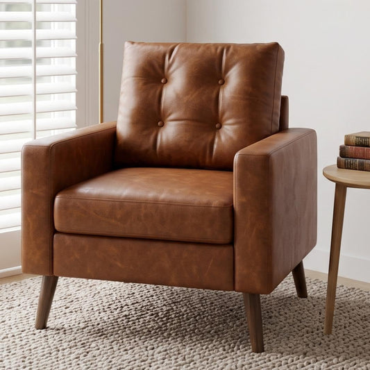 Mid Century Modern Armchair, Button Tufted Faux Leather Accent Chair with Armrests, Upholstered Club Chair for Living Room, Bedroom & Office, Caramel Brown