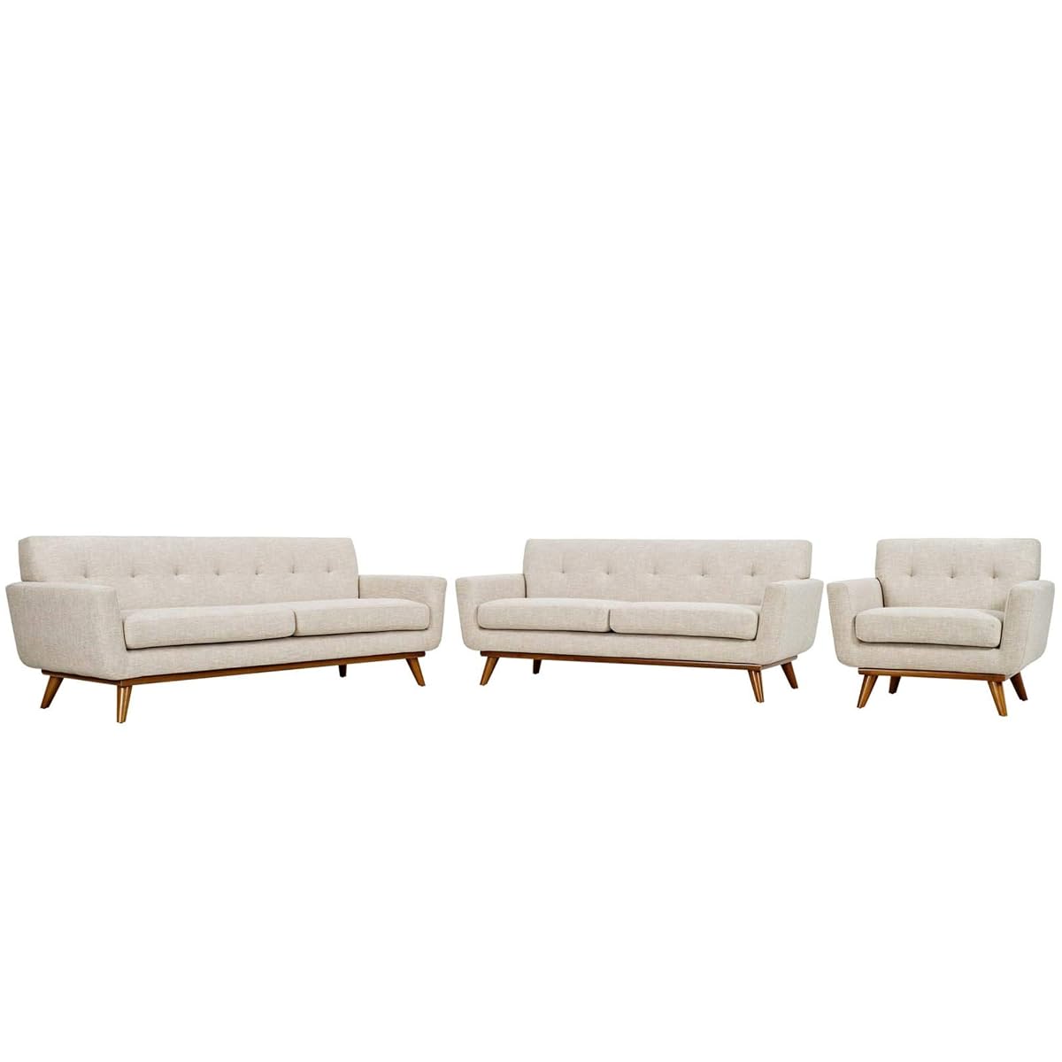 Engage Upholstered Fabric Button Tufted Sofa Furniture Set | Comfortable Lounging | Stylish Design | Sturdy Base | Beige | Includes Armchair, Loveseat, and Sofa