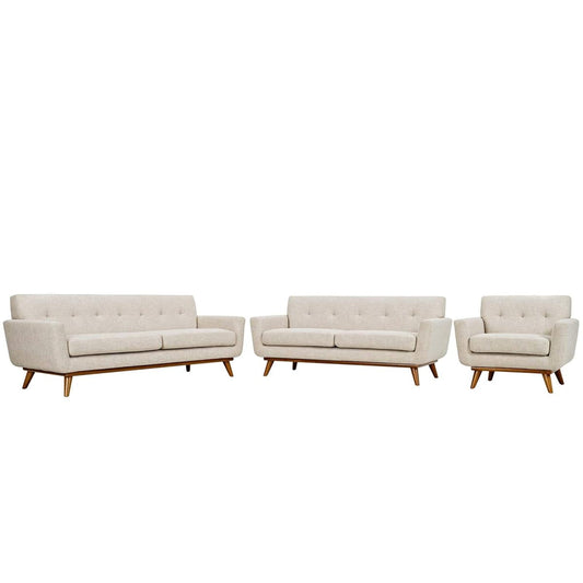 Engage Upholstered Fabric Button Tufted Sofa Furniture Set | Comfortable Lounging | Stylish Design | Sturdy Base | Beige | Includes Armchair, Loveseat, and Sofa