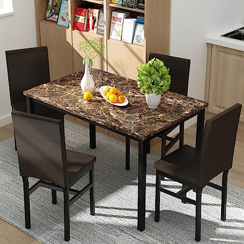 Dining Table Set for 4, Modern Kitchen & Dining Room Sets Faux Marble Table with 4 Leather Chairs for Small Space, Home Kitchen, Apartment, Brown
