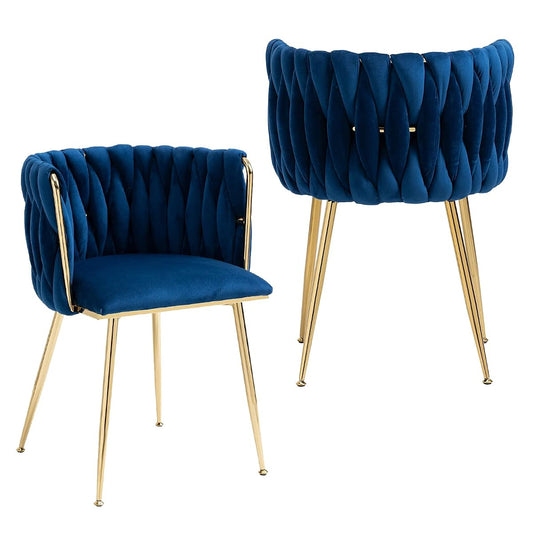 Modern Velvet Dining Chairs Hand Weaving Accent Chairs Living Room Chairs Upholstered Side Chair with Golden Metal Legs for Dining Room Kitchen Vanity Living Room (Navy)