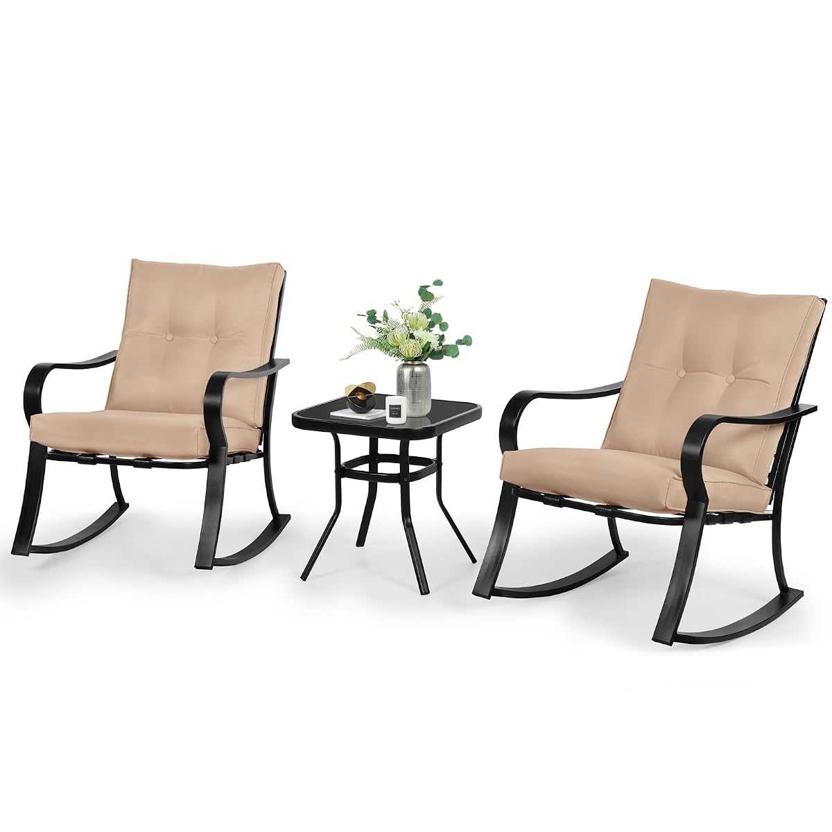 3-Piece Outdoor Rocking Chairs Bistro Set, Black Iron Patio Furniture with Brown Thickened Cushion & Glass-Top Coffee Table