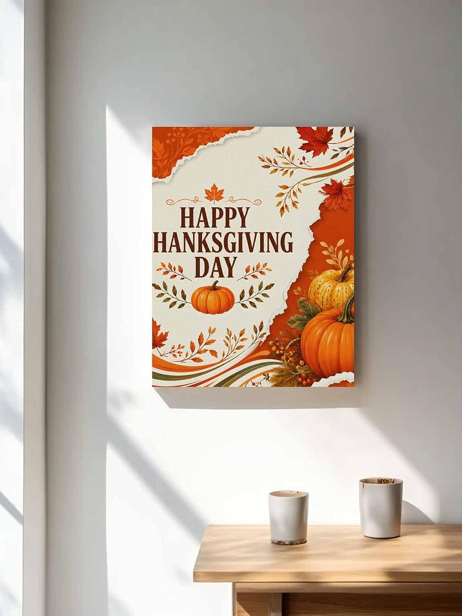 NuYeBiofx Happy Thanksgiving Day Pumpkins Canvas Wall Art Prints,48"x32" Framed Picture Artwork Autumn Maple Leaves Printed Canvas Oil Painting for Living Room Bedroom Office,Ready to Hang